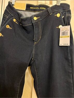 New Michael Kors Dark Navy High-Rise Jeans with Gold-Tone Buttons fits sizes 4-6